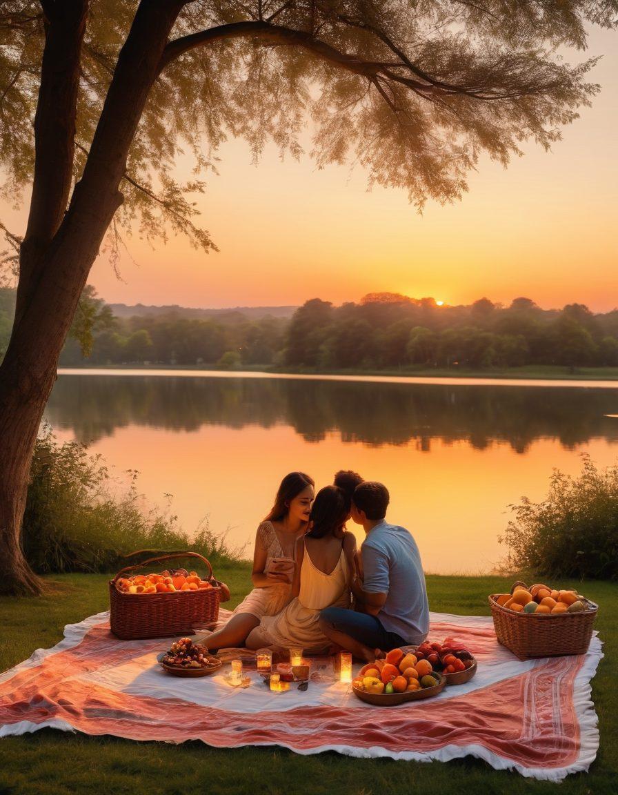 A cozy date setup in a beautiful park at sunset, featuring a picnic blanket with colorful cushions, a basket filled with fresh fruits, and soft fairy lights hung from nearby trees. A couple is sitting together, laughing and sharing a moment over a board game, with a picturesque lake in the background. The scene is warm and inviting, evoking feelings of romance and connection. super-realistic. vibrant colors. warm lighting.