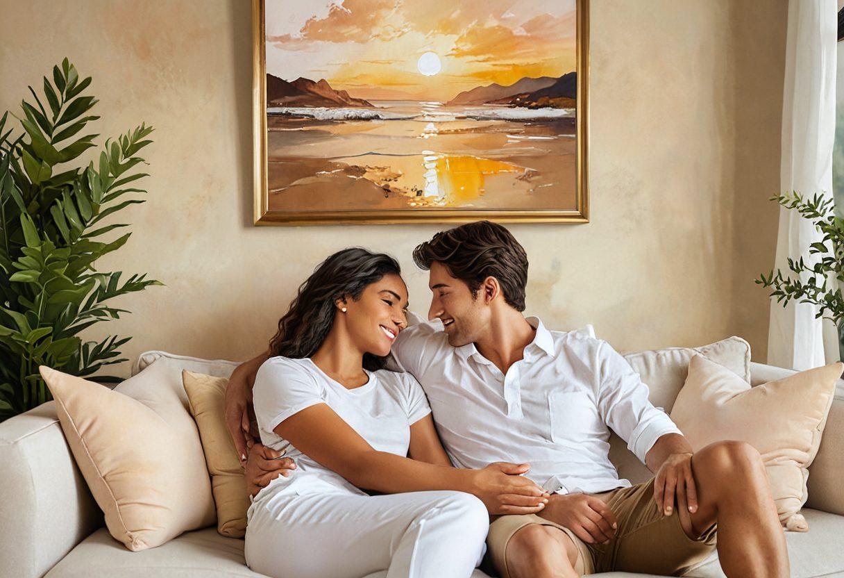 A couple sitting closely on a cozy couch, surrounded by warm light, sharing an intimate moment while exchanging loving glances, with soft pillows and a heartwarming ambiance. The backdrop should include framed photos of their happy memories together. Emphasize the warmth of companionship and the depth of their connection. painting. soft colors. warm lighting.