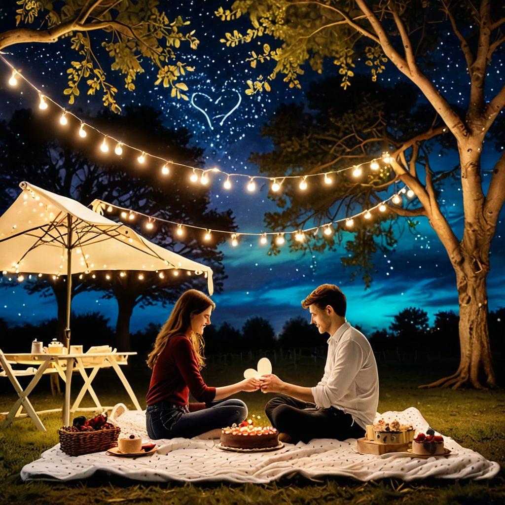 A cozy, intimate setting featuring a couple holding hands under a starlit sky, surrounded by soft glowing lights and a picnic blanket filled with sentimental items like handwritten love letters and a heart-shaped cake. In the background, silhouettes of trees and a gentle breeze hint at romance and connection. The scene exudes warmth and affection, inviting viewers to explore lasting love. vibrant colors. digital painting.